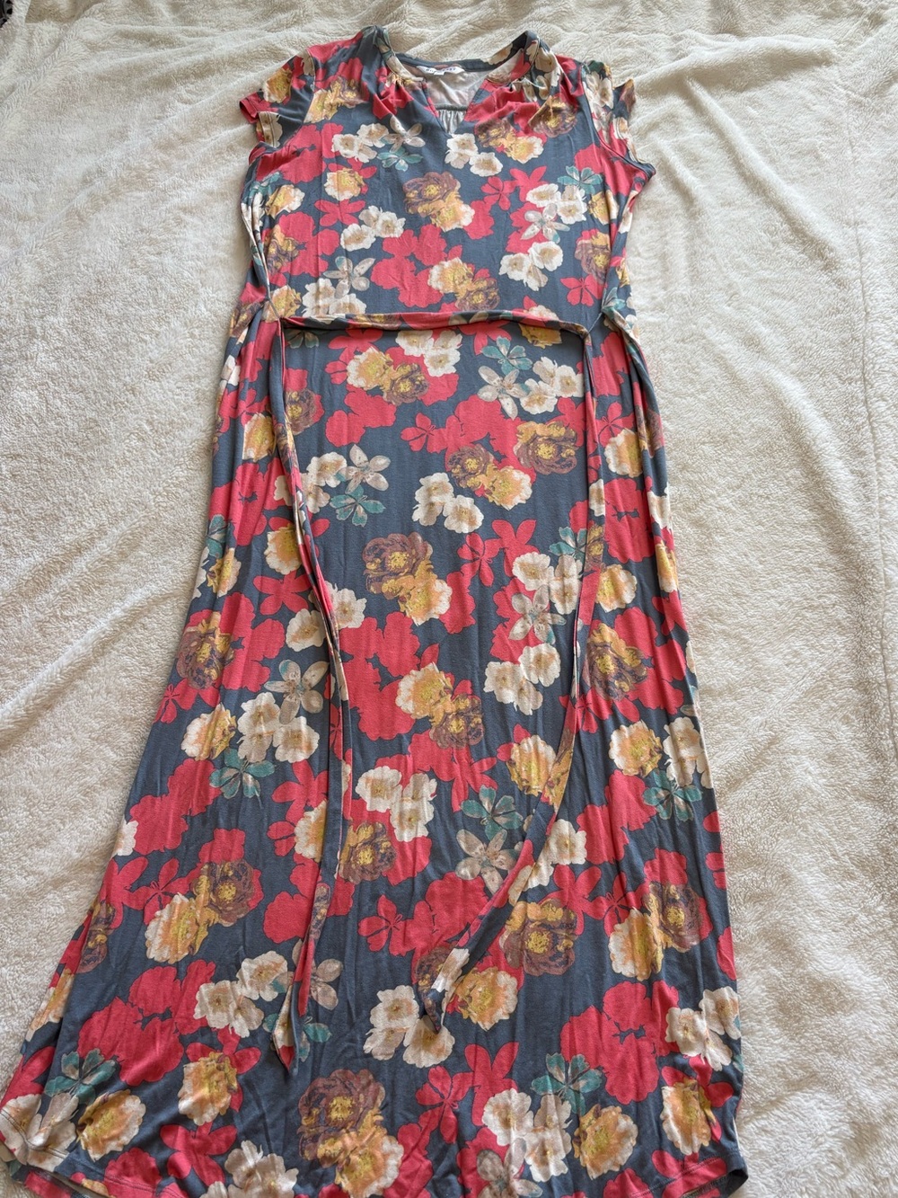 DownEast Floral V-Neck Maxi Dress in Gray, Red, Yellow